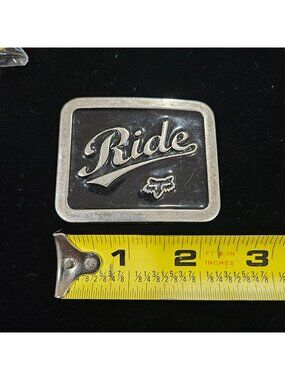 Ride Belt Buckle Silver tone Metal black enamel Fox racing 2.5" X 2" Rectangle